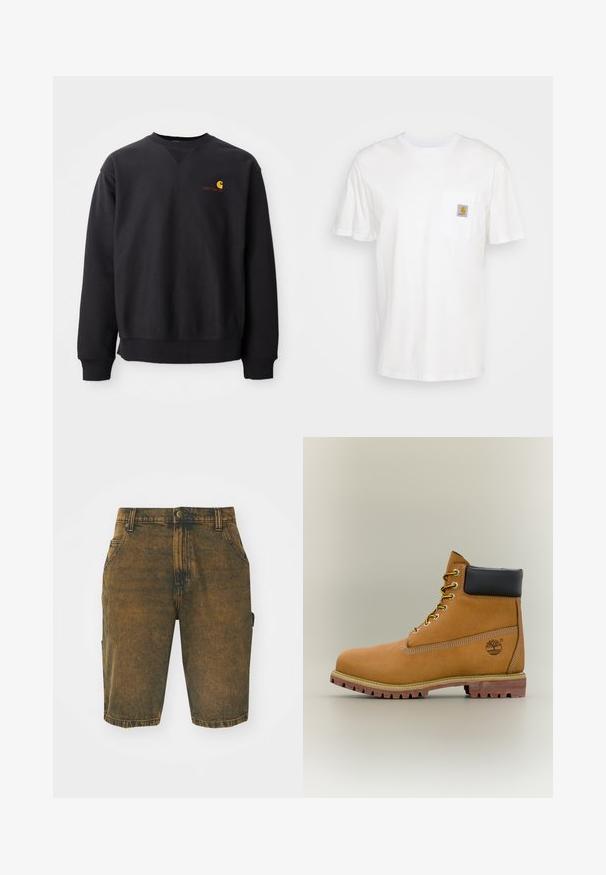 Schwarzer Pullover mit Rundhalsausschnitt, langen Ärmeln und gerippten Bündchen. Mit einem gelben und roten Logo auf der linken Brust. Weiches Baumwollmaterial.; Weißes Baumwoll-T-Shirt mit kurzen Ärmeln, einer Brusttasche und einem kleinen quadratischen Logopatch in Orange und Weiß auf der Tasche.; Jeansshorts in einem verblassten Braunton mit einer leicht abgenutzten Oberfläche. Mit Gürtelschlaufen, Vordertaschen und einer seitlichen Cargo-Tasche.; Brauner Leder-Stiefelette mit schwarzem Kragen, gelben Schnürsenkeln und hellbrauner Sohle. Verfügt über ein Logo und weiße Ziernähe. Robuste Profilsohle.