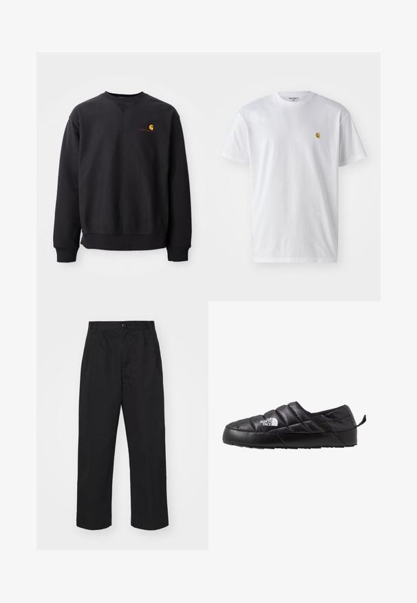 Schwarzer Pullover mit Rundhalsausschnitt, langen Ärmeln und gerippten Bündchen. Mit einem gelben und roten Logo auf der linken Brust. Weiches Baumwollmaterial.; Weißes Baumwoll-T-Shirt mit kurzen Ärmeln, Rundhalsausschnitt, mit einem kleinen goldenen Logo im linken Brustbereich. Weicher Stoff und normale Passform.; Schwarze Baumwollhose mit geradem Schnitt, ausgestattet mit einem Knopfverschluss, zwei vorderen Taschen und einer glatten Textur.; Schwarzer Slipper mit gestepptem Design, aus gepolstertem Material gefertigt. Verfügt über eine strukturierten Gummisohle und eine kleine Lasche hinten.