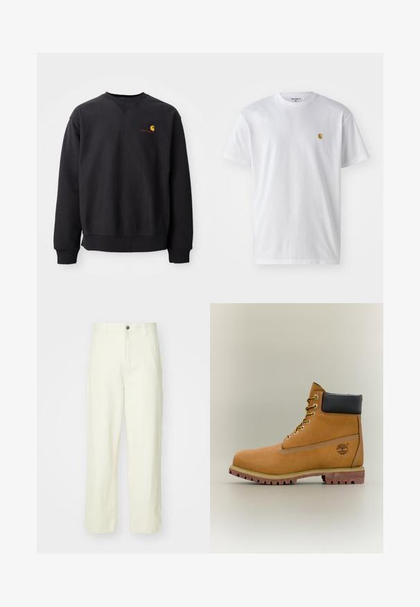 Zwarte sweatshirt met ronde hals, lange mouwen en geribbelde manchetten. Bevat een geel en rood logo op de linkerborst. Gemaakt van zacht katoen.; Witte katoenen t-shirt met korte mouwen en ronde hals, voorzien van een klein gouden logo op de linkerkant van de borst. Zachte textuur en een normale pasvorm.; Lichtgele katoenen broeken met een rechte pijp, voorzien van een frontsluiting met knoop, ceintuurlussen en een schone, minimalistische uitstraling.; Bruine leren enkellaars met zwarte kraag, gele veters en een zandkleurige zool. Voorzien van een logo en witte stikseldetails. Robuuste loopzool met grip.