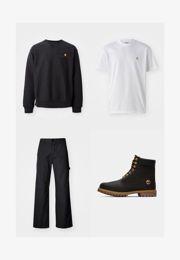 Sort sweatshirt med rund halsudskæring, lange ærmer og ribbede manchetter. Har et gult og rødt logo på venstre bryst. Lækkert bomuldsstof.; Hvid bomulds t-shirt med korte ærmer, rund hals og et lille guld logo på venstre brystområde. Blød tekstur og almindelig pasform.; Svarte breddebenede bukser fremstillet af holdbart stof. Har en knaplukning og sidelommer. Glat tekstur med et enkelt design.; Sorte læder ankelstøvle med gyldne øjer, brune detaljer og gummisål. Har en polstret krave og præget logo på siden.