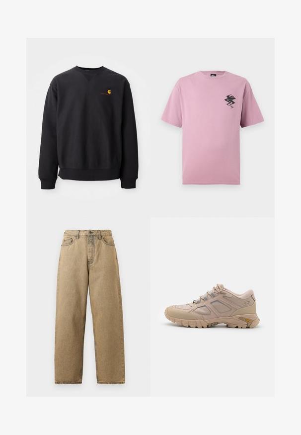 Zwarte sweatshirt met ronde hals, lange mouwen en geribbelde manchetten. Bevat een geel en rood logo op de linkerborst. Gemaakt van zacht katoen.; Lichtpaarse t-shirt met korte mouwen en een klein, vervormd zwart en oranje logo op de linkerborst.; Tan denim jeans met een rechte pijpontwerp, voorzien van een rits, riemlussen en contrasterende stiksels. Geen opvallende patronen of hardwaredetails.; Beige hardloopschoen met een gestructureerde mesh bovenkant, synthetische overlay en een Vibram zool. Voorzien van vetersysteem en details op de zijpanelen.