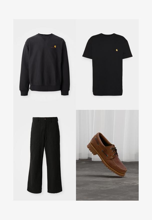 Schwarzer Pullover mit Rundhalsausschnitt, langen Ärmeln und gerippten Bündchen. Mit einem gelben und roten Logo auf der linken Brust. Weiches Baumwollmaterial.; Schwarzes Baumwoll-T-Shirt mit kurzen Ärmeln, Rundhalsausschnitt und einem kleinen gelben Logo im linken Brustbereich. Einfaches Design und normale Passform.; Schwarze weit geschnittene Hose aus weichem Stoff, mit Fronttaschen und einem Knopfverschluss an der Taille. Minimalistisches Design ohne sichtbare Muster.; Brauner Leder-Bootsschuh mit schwarzen Schnürsenkeln, beigen Nähten und einer robusten Sohle, schwebt über einem grauen Betonboden.