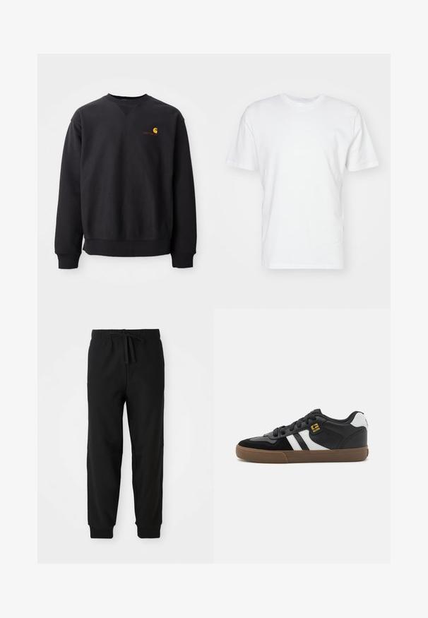 Sweatshirt noir avec un col rond, des manches longues et des poignets côtelés. Présente un logo jaune et rouge sur la poitrine gauche. Matière en coton doux.; T-shirt en coton blanc à manches courtes, encolure ronde et texture lisse. Design simple sans motifs ni graphiques.; Pantalons de jogging noirs avec une taille élastique et un cordon de serrage ajustable. Les poignets ajustés et les coutures latérales créent une silhouette fluide.; Baskets noir et blanc avec une tige en daim et en cuir, présentant des rayures blanches, des lacets noirs et une semelle en caoutchouc marron. Accents de logo dorés.