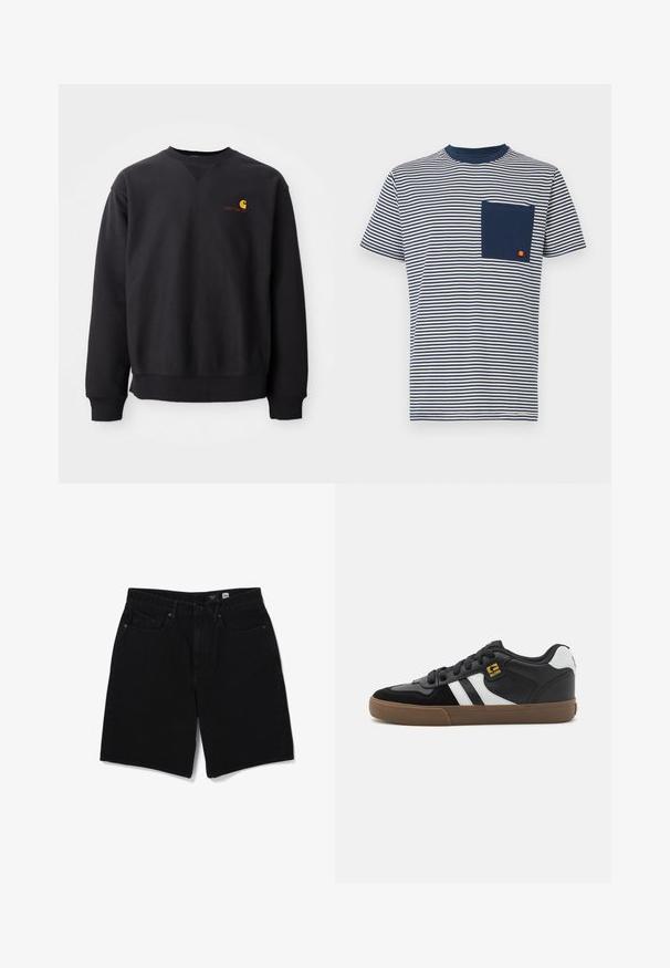Sweatshirt noir avec un col rond, des manches longues et des poignets côtelés. Présente un logo jaune et rouge sur la poitrine gauche. Matière en coton doux.; Ellesse HIRST TEE - T-shirt imprimé - navy; Short en jean noir avec boutons et fermeture éclair à l'avant, passants pour ceinture et cinq poches, présenté sur fond blanc.; Baskets noir et blanc avec une tige en daim et en cuir, présentant des rayures blanches, des lacets noirs et une semelle en caoutchouc marron. Accents de logo dorés.
