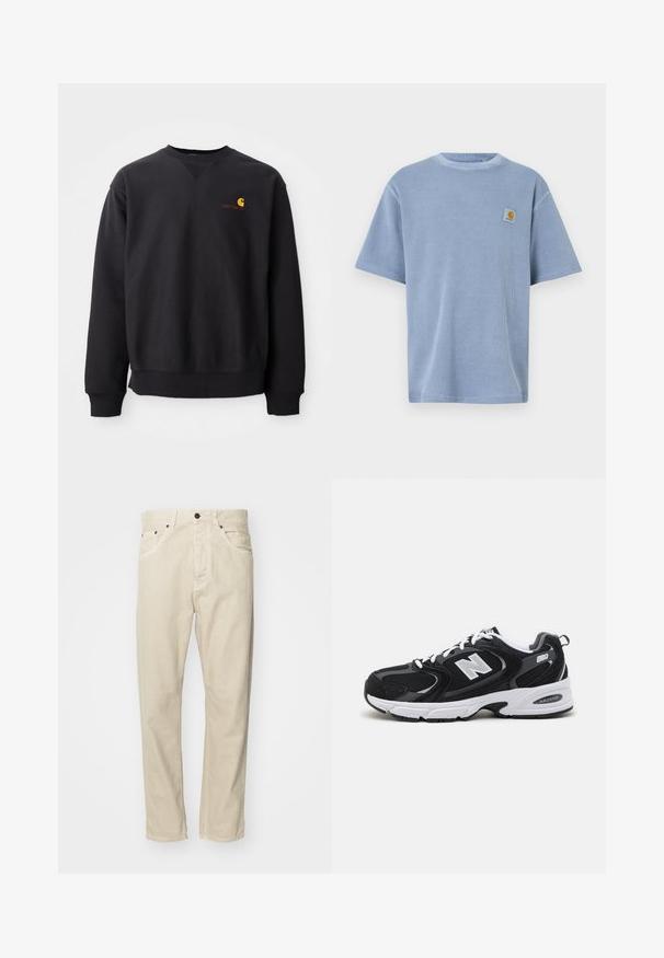 Sudadera negra con cuello redondo, mangas largas y puños acanalados. Presenta un logo amarillo y rojo en el lado izquierdo del pecho. Material de algodón suave.; Camiseta de manga corta color azul claro con un patrón acanalado texturizado y parche de logo bordado en el pecho izquierdo. Cuello redondo.; Pantalones de algodón beige con diseño de pierna recta, cinco bolsillos y acentos de metal. Textura suave con detalles de costura mínimos.; Zapatillas deportivas en negro y gris con parte superior de malla y ante, que cuentan con una entresuela blanca, cordones y un llamativo logo "N" en el lateral.