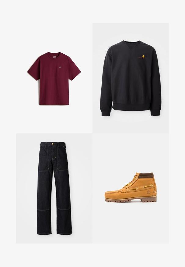 Sudadera negra con cuello redondo, mangas largas y puños acanalados. Presenta un logo amarillo y rojo en el lado izquierdo del pecho. Material de algodón suave.; Camiseta de algodón marrón con mangas cortas, escote redondo y pequeño logo blanco de Vans en el pecho izquierdo. Textura suave, corte holgado.; Pantalones de mezclilla azul oscuro con corte recto, que presentan costuras amarillas y bolsillos frontales. La tela parece resistente y texturada.; Timberland AUTHENTIC MID LACE BOOT - Botines con cordones - wheat