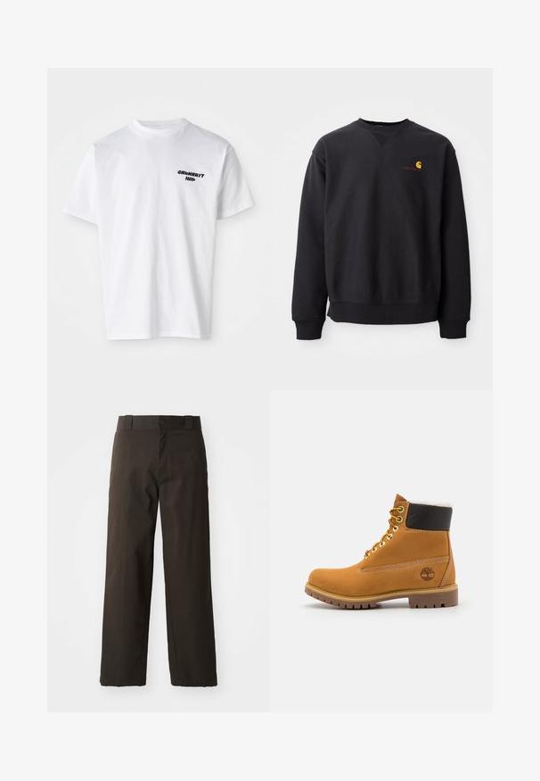 Sweatshirt noir avec un col rond, des manches longues et des poignets côtelés. Présente un logo jaune et rouge sur la poitrine gauche. Matière en coton doux.; T-shirt en coton blanc avec un col rond. Logo en texte noir sur la partie gauche de la poitrine. Manches courtes, coupe décontractée et texture douce.; Pantalons en coton noirs avec une coupe droite, dotés d'une fermeture à bouton et d'une taille classique. Texture lisse, sans motifs ni accents.; Bottine en cuir brun avec œillets en métal, doublure en fourrure blanche, col rembourré noir, semelle robuste et logo en relief sur le côté.
