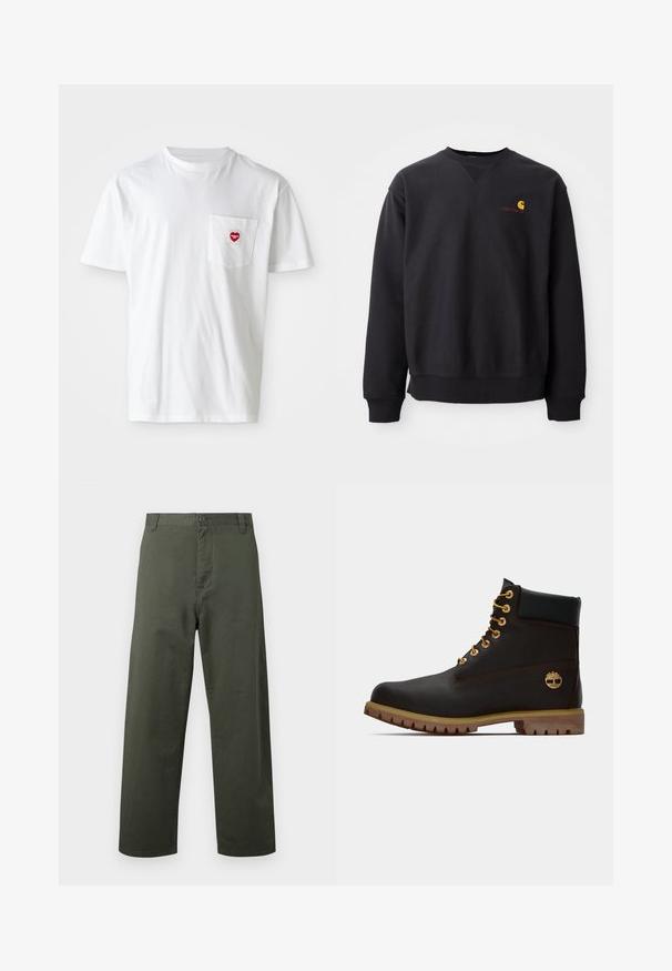 Zwarte sweatshirt met ronde hals, lange mouwen en geribbelde manchetten. Bevat een geel en rood logo op de linkerborst. Gemaakt van zacht katoen.; Witte katoenen T-shirt met een ronde hals en korte mouwen. Bevat een klein rood hartlogo op de linkerkant van de borstzak.; Groene katoenen broek met een recht gesneden ontwerp, knoopsluiting aan de voorkant en zijzakken. Soepele textuur, eenvoudige stijl en geen zichtbare patronen.; Zwarte leren enkellaars met gouden oogjes, bruine accenten en een rubberen zool. Heeft een gevoerde kraag en geperst logo aan de zijkant.