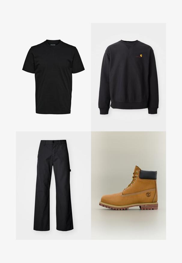 Sort sweatshirt med rund halsudskæring, lange ærmer og ribbede manchetter. Har et gult og rødt logo på venstre bryst. Lækkert bomuldsstof.; Simpel sort T-shirt med korte ærmer, rund hals og almindelig pasform uden synlige mønstre eller logoer.; Svarte breddebenede bukser fremstillet af holdbart stof. Har en knaplukning og sidelommer. Glat tekstur med et enkelt design.; Brun læderankelstøvle med sort krave, gule snørebånd og tanfarvet sål. Har logo og hvide syninger som detalje. Robust ydersål med greb.