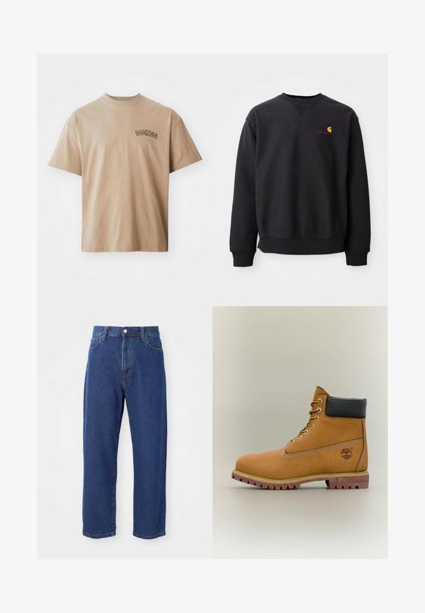 Sort sweatshirt med rund halsudskæring, lange ærmer og ribbede manchetter. Har et gult og rødt logo på venstre bryst. Lækkert bomuldsstof.; Beige bomulds-T-shirt med korte ærmer og rund hals. Har "DICKIES" printet i sort på venstre bryst. Klassisk pasform og glat tekstur.; Høj taljede blå jeans i denim, med lige ben silhuet, synlige stikninger og en frontknaplukning.; Brun læderankelstøvle med sort krave, gule snørebånd og tanfarvet sål. Har logo og hvide syninger som detalje. Robust ydersål med greb.