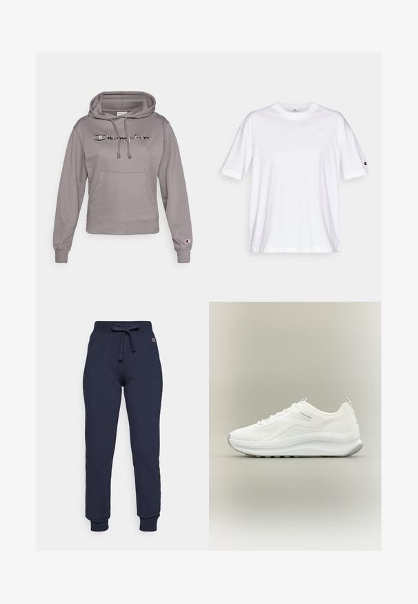 Grijze capuchonsweatshirt met een voorvak, voorzien van een geborduurd "Champion" logo en geribbelde manchetten. Gemaakt van zachte stof.; Wit katoenen T-shirt met een ronde hals, korte mouwen en een klein logo op de linkerborst. Soepele textuur, standaard pasvorm.; Navy blauwe sweatpants gemaakt van een katoenen mengsel, met een trekkoord in de taille, ribgebreide boorden en een klein logo op de heup.; Witte Calvin Klein sneaker met meshstructuur, vetersluiting, dikke zool en trekhaak bij de hiel, getoond op een neutrale achtergrond.
