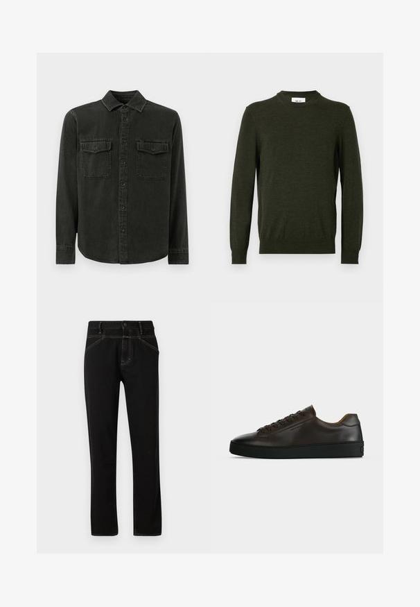 Mørkegrøn sweater lavet af en tekstureret uldblanding, med rund hals og lange ærmer, samt ribbede manchetter og kant.; Mørkegrøn skjorte med knapper lavet af blødt stof, med krave, to brystlommer, lange ærmer og lige kant.; Sorte denim jeans med lige pasform, prydet med gule syninger, fem lommer og en frontlukning med knap. Glat tekstur og minimalistisk design.; Lavprofil mørkebrune lædersneaker med sort gummisål, snørelukning foran og glat minimalistisk design på lys baggrund.