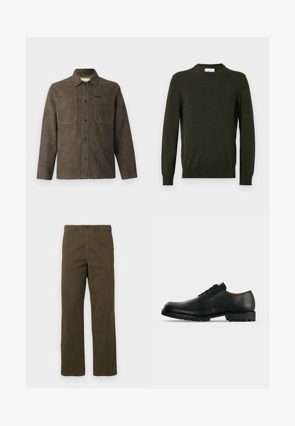 Mørkegrøn sweater lavet af en tekstureret uldblanding, med rund hals og lange ærmer, samt ribbede manchetter og kant.; CLOSED WORKER SHIRT - Skjorter - rock beige; Mandlige brune bomuldsbukser med lige ben, bæltestropper, frontknap og lynlås lukning mod en lys baggrund.; Sort lædersko med snørebånd, tyk rillede sål og lav hæl vist på en hvid baggrund.