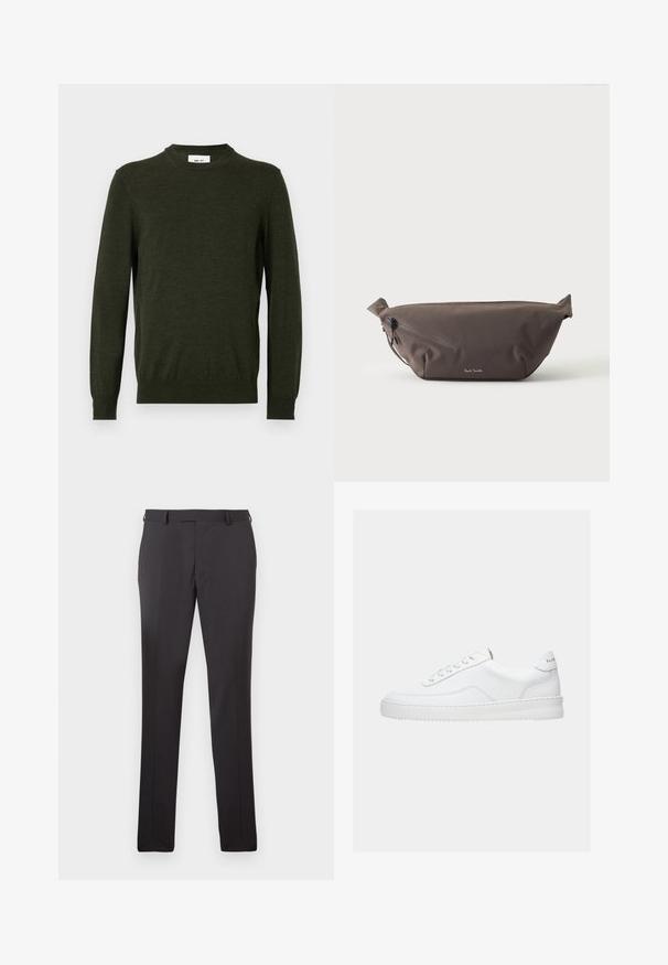 Pull vert foncé en mélange de laine texturée, avec un col rond et des manches longues, doté de poignets et d'un ourlet côtelés.; Pantalons ajustés gris foncé avec une coupe droite, fabriqués à partir d'un tissu lisse, dotés de passants de ceinture et de poches latérales.; Baskets basses blanches avec un design à lacets, dessus en cuir lisse et semelle épaisse, montrées de profil sur un fond uni.; Sac banane en tissu marron foncé avec poche zippée en diagonale et petit logo blanc sur le devant, sur un fond clair uni.