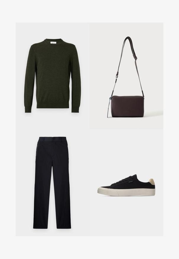 Pull vert foncé en mélange de laine texturée, avec un col rond et des manches longues, doté de poignets et d'un ourlet côtelés.; Pantalon noir en tissu léger et texturé, avec une coupe droite, une taille élastique et des poches zippées sur les côtés.; Baskets basses noires avec languette beige au talon, semelle en caoutchouc blanche épaisse, lacets noirs et petite étiquette "PS Paul Smith" sur le côté.; Sac bandoulière en cuir marron foncé texturé avec une sangle réglable et un petit accent décoratif bleu sur le côté.