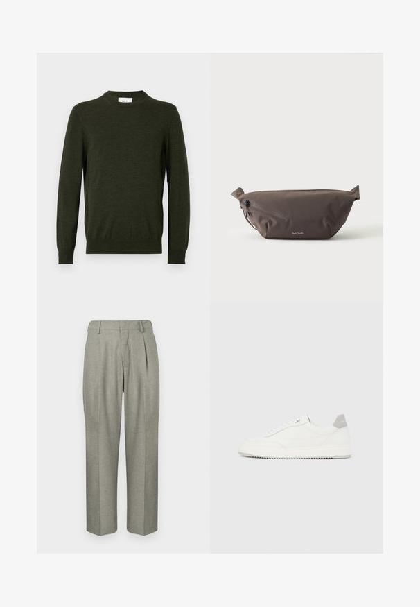 Pull vert foncé en mélange de laine texturée, avec un col rond et des manches longues, doté de poignets et d'un ourlet côtelés.; Pantalons gris clair en tissu texturé. Ils présentent une coupe droite, des plis à l'avant et une taille plate.; Baskets basses blanches avec un onglet de talon gris, des lacets blancs et une semelle texturée, présentées sur un fond uni clair.; Sac banane en tissu marron foncé avec poche zippée en diagonale et petit logo blanc sur le devant, sur un fond clair uni.