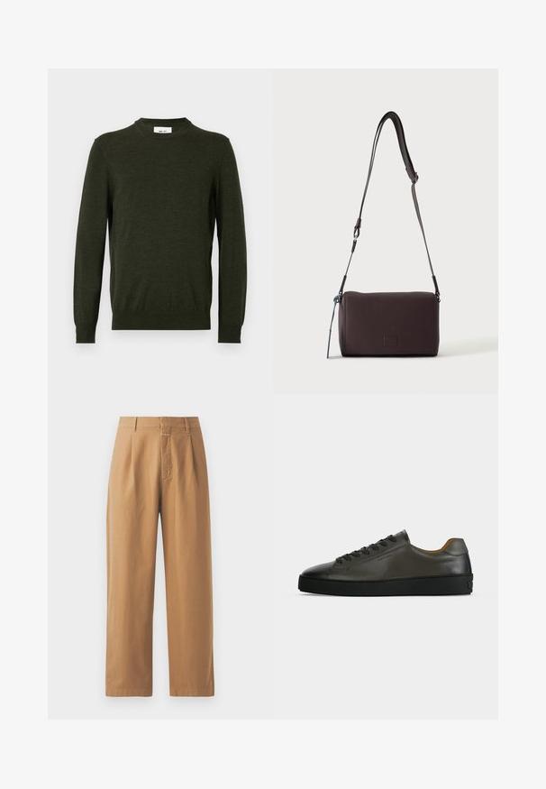 Pull vert foncé en mélange de laine texturée, avec un col rond et des manches longues, doté de poignets et d'un ourlet côtelés.; Pantalons marron à jambes larges en tissu lisse. Présentent une taille haute avec des plis, des passants de ceinture et une poche avant.; Basket basse en cuir gris foncé avec lacets et semelle noirs, design minimaliste, profil latéral sur un fond clair uni.; Sac bandoulière en cuir marron foncé texturé avec une sangle réglable et un petit accent décoratif bleu sur le côté.
