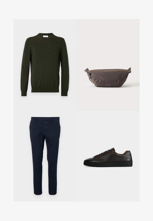 Donkergroene trui van een gestructureerde wolmix, met een ronde hals en lange mouwen, voorzien van ribbels aan de manchetten en onderkant.; Marineblauwe katoenen chinos met een slim fit, rechte voorkant en een ritsgulp. Voorzien van zijzakken en een achterzak met een klein merketiket.; Low-profile donkerbruine leren sneaker met zwarte rubberen zool, veters aan de voorkant en een strak minimalistisch design op een lichte achtergrond.; Donkerbruine stoffen heuptas met diagonale ritssluiting en klein wit logo aan de voorkant, tegen een effen lichte achtergrond.