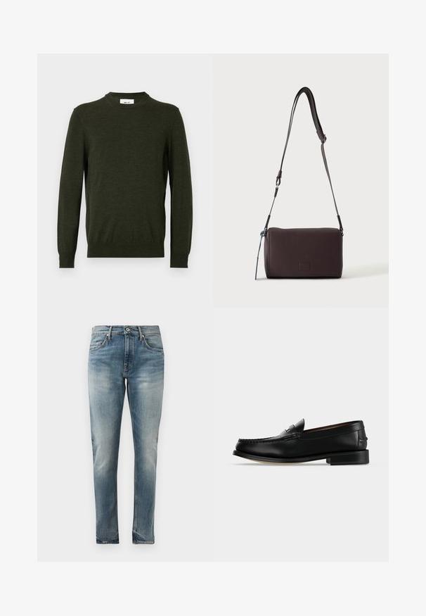 Suéter verde oscuro hecho de una mezcla de lana texturizada, con cuello redondo y mangas largas, y con puños y dobladillo acanalados.; Jeans de denim azul de corte slim con lavado desgastado, estilo de cinco bolsillos, cierre de botón y un sutil efecto de desgaste en las caderas y rodillas.; Mocasín masculino de cuero negro con tacón bajo y costura estilo mocasín en la puntera, mostrado de lado sobre un fondo liso.; Bolso bandolera de cuero marrón oscuro con textura, correa ajustable y pequeño adorno decorativo azul en el lateral.