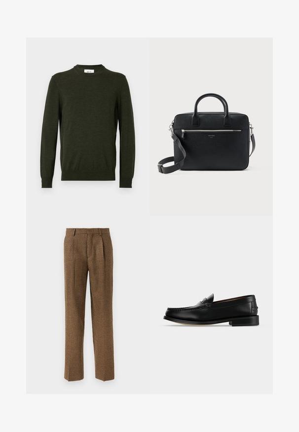 Mørkegrøn sweater lavet af en tekstureret uldblanding, med rund hals og lange ærmer, samt ribbede manchetter og kant.; Brune ternede bukser med løs pasform, der har folder foran, et glat tekstureret stof og et lige ben design.; Sort læder herre loafer med lav hæl og mokkasinsyning på tåen, vist fra siden på en ensfarvet baggrund.; Sort struktureret rektangulær lædermappe med dobbelthåndtag, lynlåslomme foran og justerbar skulderrem vist på hvid baggrund.