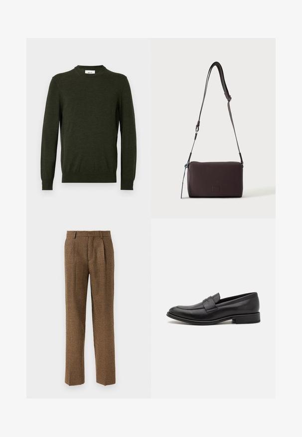 Mørkegrøn sweater lavet af en tekstureret uldblanding, med rund hals og lange ærmer, samt ribbede manchetter og kant.; Brune ternede bukser med løs pasform, der har folder foran, et glat tekstureret stof og et lige ben design.; Sort læderloafer med en glat finish, en dekorativ rem over vristen, rund tå og en lav stablet hæl.; Mørkebrun textured læder crossbody taske med justerbar rem og lille dekorativ blå accent på siden.