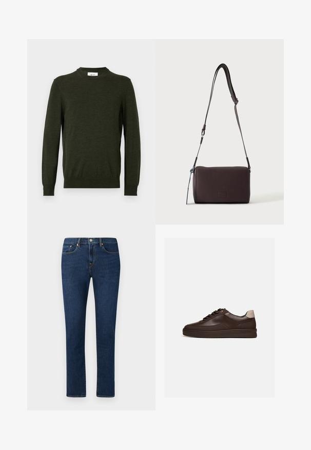 Mørkegrøn sweater lavet af en tekstureret uldblanding, med rund hals og lange ærmer, samt ribbede manchetter og kant.; Mørkeblå denimjeans med lige ben, der har en klassisk fem-lomme stil og en knaplukning i taljen.; Lavprofileret mørkebrun læder sneaker med rillede sål og lyse beige hælkappe, set fra siden på hvid baggrund.; Mørkebrun textured læder crossbody taske med justerbar rem og lille dekorativ blå accent på siden.
