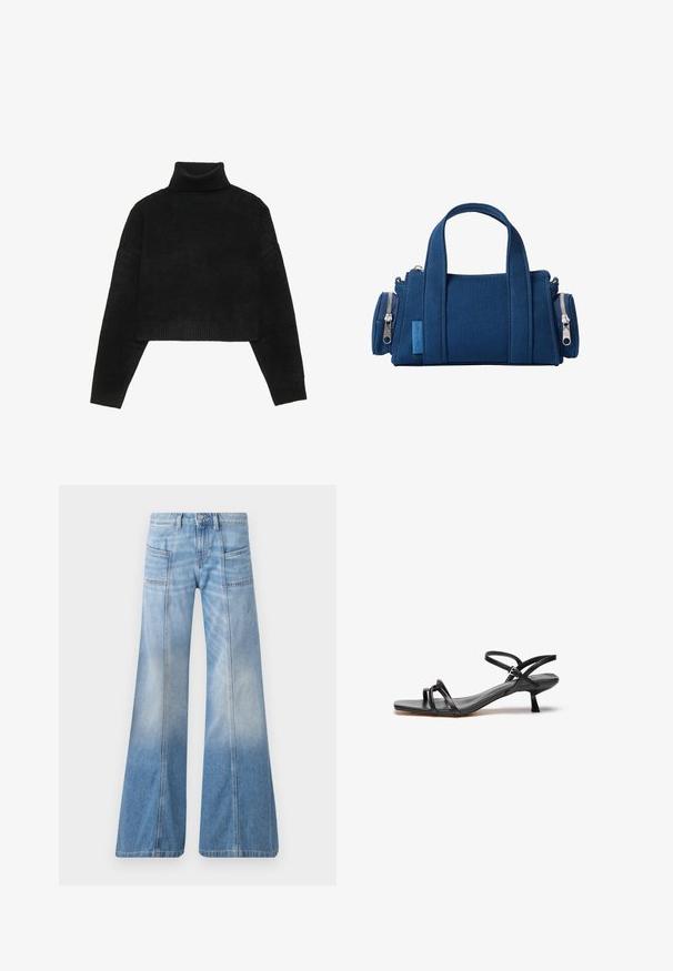 Suéter negro corto con cuello alto acanalado y puños, que presenta una textura suave y un corte relajado. Diseño simple y minimalista.; Vaqueros acampanados de color azul claro hechos de mezclilla. Cuentan con una cintura alta, cuatro bolsillos y un efecto de degradado desvaído hacia el dobladillo.; Sandalia de cuero negro con un diseño elegante y minimalista. Presenta dos correas delgadas y un pequeño tacón inclinado. Textura suave y punta abierta.; Bolso compacto azul oscuro de Calvin Klein con dos asas cortas, forma rectangular y bolsillos laterales con cremallera en ambos extremos.