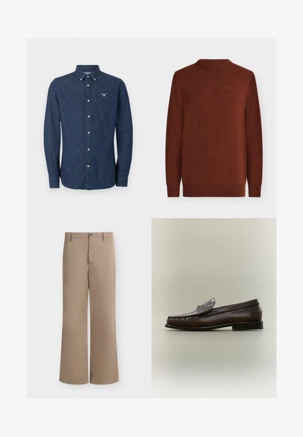 Pull marron tricoté à manches longues avec poignets et col en côte, présentant un motif texturé subtil et une petite broderie sur la poitrine.; Chemise en denim bleu foncé à manches longues avec fermeture à boutons, col boutonné et logo Barbour blanc sur la poitrine gauche.; Pantalon beige droit avec fermeture par bouton et zip, passants pour ceinture et poches latérales sur fond uni.; Mocassin en cuir marron foncé avec un petit talon noir, coutures mocassin et une bride décorative sur le dessus.
