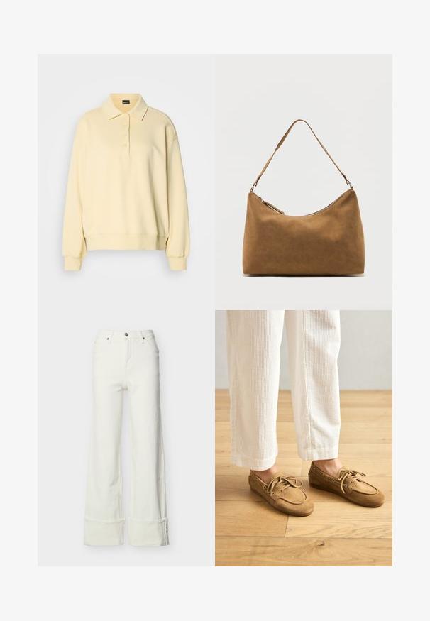 Polo-agtig sweatshirt i blød gul, med krave, fem-knaps lukning og ribbede manchetter. Casual, afslappet pasform med en glat tekstur.; Hvide jeans med vide ben, højtaljede, frontknap og lynlås, bæltestropper, lommer foran og bagpå samt opsmøgede kanter.; Brune ruskinds bådsko med snørebånd, der har en rund tå og syede detaljer. Båret med hvide kordfløjl-bukser i en træagtig indstilling.; Brun skuldertaske i ruskind med enkelt rem og lynlås øverst, vist mod en ensfarvet hvid baggrund.