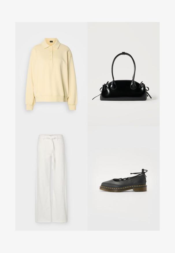 Polo-agtig sweatshirt i blød gul, med krave, fem-knaps lukning og ribbede manchetter. Casual, afslappet pasform med en glat tekstur.; Hvide bukser med brede ben, frontlommer og et stofbælte bundet i taljen, vist på en ensfarvet baggrund.; Sort lædersko med rund tå, lav hæl, snøre detaljer og gul stitching langs sålen. Glat tekstur med en mat finish.; Lille sort blank håndtaske med to lange håndtag og snøre-detaljer i siden på en ensfarvet lys baggrund.