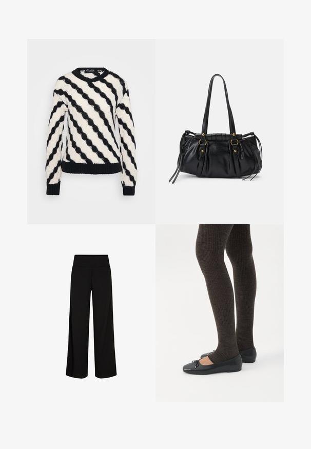 Pull en tricot noir et blanc à rayures ondulées diagonales, avec des poignets et un ourlet côtelés, ainsi qu'un col ras du cou, présenté sur un fond uni.; Pantalons larges noirs avec une taille douce et extensible. Tissu lisse, design à longueur complète, sans fermetures ni motifs visibles.; Jambes portant des leggings côtelés foncés associés à des ballerines noires avec de petits détails en nœud sur fond blanc.; Sac à main en cuir noir avec une forme arrondie, deux poignées, des accents en matériel décoratif et des détails de liens sur les côtés. Texture lisse et brillante.