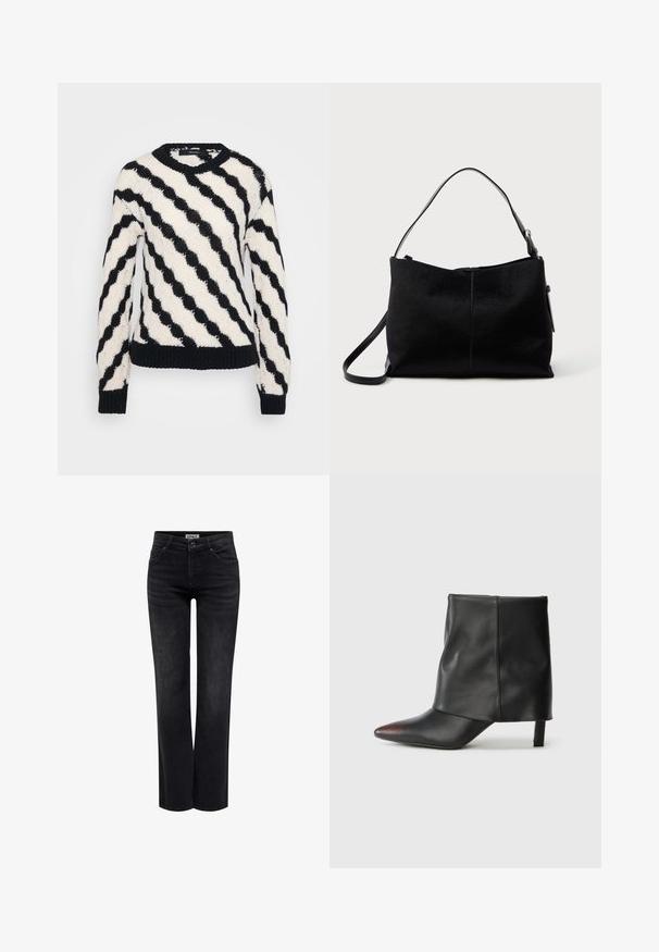 Sort og hvid strikket sweater med diagonale bølgede striber, ribbede manchetter, kant og rund halsudskæring, vist på en ensfarvet baggrund.; ONLY BLUSH MID STRAIGHT NOOS - Jeans Straight Leg - washed black; Sort ankelstøvle lavet af glat læder med spids tå og tilspidset hæl. Overdelen har et let rynket design.; Sort skuldertaske med en glat, tekstureret overflade, prydet med en enkelt rem og en lynlåslukning øverst. Kompakt rektangulær form.