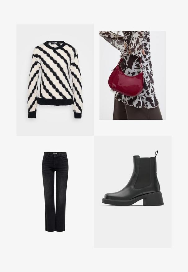 Schwarz-weißer gestrickter Pullover mit diagonalen wellenförmigen Streifen, gerippten Bündchen, Saum und Rundhalsausschnitt, auf einem schlichten Hintergrund präsentiert.; ONLY BLUSH MID STRAIGHT NOOS - Jeans Straight Leg - washed black; Schwarze Leder-Stiefeletten mit elastischen Seitenpanelen, abgerundetem Zehenbereich und einem klobigen Blockabsatz. Glatte Textur mit einem minimalistischen Design.; Frau trägt eine schwarz-weiß gemusterte Bluse und hält eine glänzende rote Schultertasche vor einem einfarbigen Hintergrund.