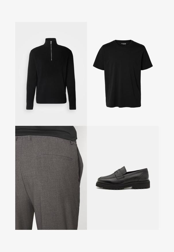 Lindbergh HALF ZIP RIB KNIT - Jersey de punto - black; Camiseta negra lisa de manga corta y cuello redondo con corte de hombre, sin patrones ni logotipos visibles en el delantero.; Pantalones grises ajustados con una textura suave, que cuentan con un bolsillo trasero y un diseño slim fit. La tela tiene un patrón sutil.; Mocasín de cuero negro con punta redonda, detalles de costura y suela gruesa y texturizada. Presenta un diseño elegante y minimalista.
