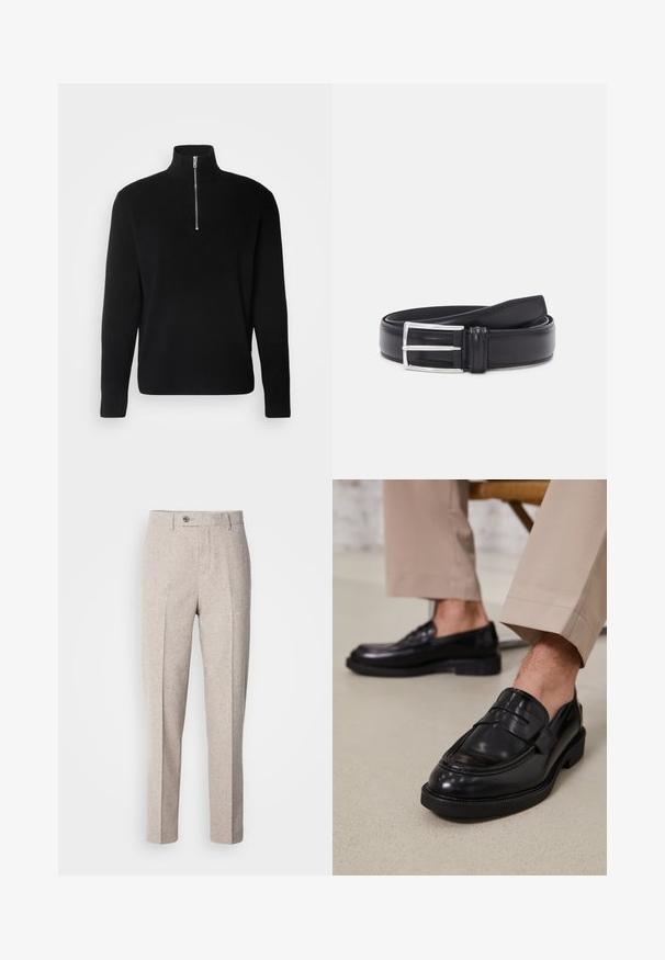 Lindbergh HALF ZIP RIB KNIT - Jersey de punto - black; Pantalones de lana beige claro con una textura suave, corte recto, pliegues en la parte frontal y un cierre de botón único en la cinturilla.; Mocasines de cuero negro con un acabado suave, que cuentan con una correa decorativa y costuras en contraste, combinados con pantalones beiges.; Cinturón de cuero negro con textura suave, que presenta una hebilla de metal plateado y un diseño clásico. El cinturón está enrollado de manera ordenada.