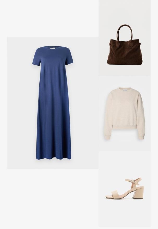 Licht beige sweatshirt gemaakt van zachte stof, met een ronde halslijn, doorhangende schoudernaden en ribgebreide manchetten en zoom.; Marineblauwe maxi-jurk van zachte stof, met korte mouwen en een ronde halslijn, met een recht, vloeiend ontwerp. Geen zichtbare patronen of accenten.; Beige hoge hak sandaal met een brede band over de tenen, een verstelbare enkelband, vierkante blokhak en een gladde faux leren afwerking.; Bruine suède tote bag met twee lange handvatten, ovale accenten en een ruime uitstraling. Zachte textuur en minimalistisch uiterlijk.