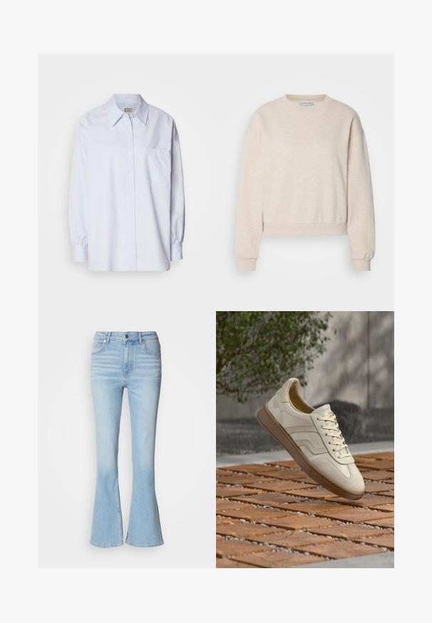 Licht beige sweatshirt gemaakt van zachte stof, met een ronde halslijn, doorhangende schoudernaden en ribgebreide manchetten en zoom.; Lichtblauw button-up shirt van katoen. Heeft een puntige kraag, lange mouwen en een enkele borstzak. Zachte textuur.; Lichtblauwe flared jeans van denim met een hoge taille, voorzien van subtiele vervaging en een standaard ritsluiting.; Sneaker in roomkleur met een gestructureerde beige rubberen zool, vetersluiting en subtiele merkdetails aan de zijkant. Bovenwerk van glad leer.