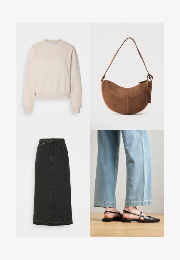 Helle beige Sweatshirt aus weichem Stoff, mit Rundhalsausschnitt, überschnittenen Schultern und gerippten Bündchen sowie Saum.; Schwarzer Denim-Midirock mit tailliertem Bund, vorderem Knopfverschluss und ausgefranstem Saum. Verfügt über ein klassisches Fünf-Taschen-Design und eine leichte Textur.; Schwarze Lederslingback-Schuhe mit spitzer Zehe, flachem Absatz und Knöchelriemen; getragen mit hellblauen, weit geschnittenen Jeans.; Braune Wildleder-Handtasche mit geschwungener, halbmondförmiger Form. Verfügt über einen Schulterriemen, ein kleines Etikett und sichtbare Nähte entlang der Kanten.