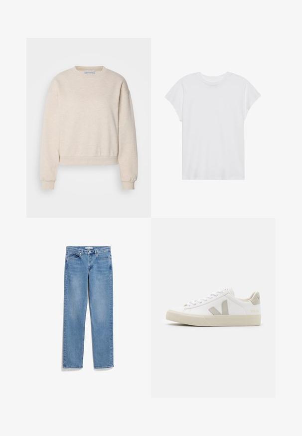 Licht beige sweatshirt gemaakt van zachte stof, met een ronde halslijn, doorhangende schoudernaden en ribgebreide manchetten en zoom.; Witte t-shirt met korte mouwen, ronde hals, relaxte pasvorm, gemaakt van zacht katoen. Glad textuur, geen patronen of logo's.; Lichtblauwe denim jeans met een rechtlopende pasvorm, vijf zakken en een knoopsluiting; beschikt over subtiele vervaging en stiksel details.; Witte sneakers van leer met grijze V-logo accenten, een gestructureerde rubberen zool, witte veters en een gevoerde tong en kraag.