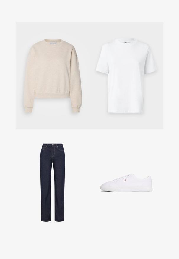 Licht beige sweatshirt gemaakt van zachte stof, met een ronde halslijn, doorhangende schoudernaden en ribgebreide manchetten en zoom.; Witte katoenen T-shirt met ronde hals, korte mouwen en een gladde textuur. Ontworpen met een comfortabele en veelzijdige relaxte pasvorm.; Donkerblauwe jeans met rechte pijpen, voorzakken, riemlussen en een knoopsluiting in de taille.; Witte lage sneaker met vetersluiting en een klein rood-wit-blauw logo aan de zijkant, platte rubberen zool.