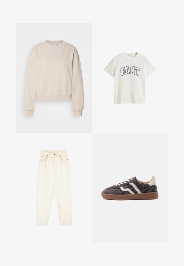 Lys beige sweatshirt lavet af blødt stof, med rund hals, nedfaldne skuldersømme og ribbede manchetter og kant.; Hvid T-shirt med korte ærmer, rund hals og stor sort markeret tekst "GANT" henover brystet.; Cremefarvede denimbukser med lige ben, to foran lommer og gyldne hardware detaljer. Glat tekstur med et klassisk design.; Enkel mørkegrå sneaker med hvide læderdetaljer, teksturerede sider, hvide snørebånd og en brun gummisål, vist fra siden på en ensfarvet baggrund.