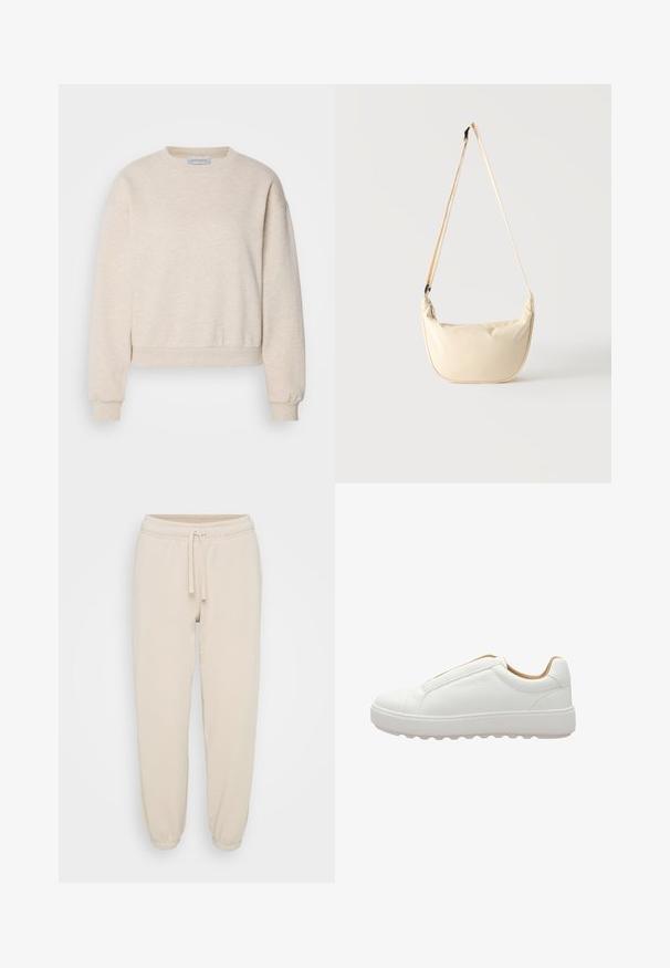 Lys beige sweatshirt lavet af blødt stof, med rund hals, nedfaldne skuldersømme og ribbede manchetter og kant.; Beige bomuldssweatpants med elastisk talje, snoretræk og elastiske manchetter, præsenteret på en neutral hvid baggrund.; Hvid lavtop sneakers med tekstureret læderoverdel, tyk sål og tan indvendig foring, vist fra ydersiden.; Beige skuldertaske i halvmåneform med en lang justerbar rem, der hænger mod en ensfarvet lys baggrund.