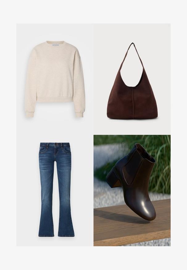Lys beige sweatshirt lavet af blødt stof, med rund hals, nedfaldne skuldersømme og ribbede manchetter og kant.; Blå denimjeans med en let flagrende ben, knaplukning foran, lommer og diskrete falmede detaljer på lår og knæ.; Brun læder ankelstøvle med en afrundet tå og en lav blokhælhæl, der har elastiske sidepaneler og en glat, blank finish.; Brun suedette hobo taske med en stor, buet åbning og en bred skulderrem. Har en centreret søm på forsiden. Glat tekstur.