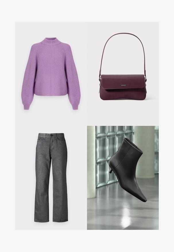 Lavendel ribbet striktrøje med høj hals, brede ærmer og en afslappet pasform. Den teksturerede stof giver visuel interesse og varme.; Grå denim jeans med en let glans, lige ben design, fem lommer, knaplukning og synlige søm detaljer.; Sort læderankelstøvle med spids tå og lille hæl vist mod en væg af glasblokke og poleret gulv baggrund.; Bordeauxfarvet lædertaske med et struktureret design, der har en klaplukning og en justerbar rem. Logo detaljer præget på forsiden.