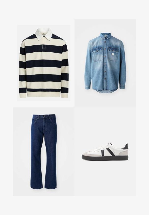 Stribet pullover i marineblå og creme, med klassisk krave, tre-knaps lukning og tekstureret ribstrikket stof. Fremhævet med et applikationslogo.; Lyseblå denimskjorte med lange ærmer, to brystlommer, knaplukning foran og kontrasterende mørkere lommer. Har en rund spænding.; Mørkeblå lige ben denim jeans med knap- og lynlås-lukning, bæltestropper og forlommer på en ensfarvet baggrund.; Hvide sneakers med sorte og grå detaljer, med en tekstureret grå tåhætte, sort gummisål og flade hvide snørebånd. Rent design, minimalistisk stil.