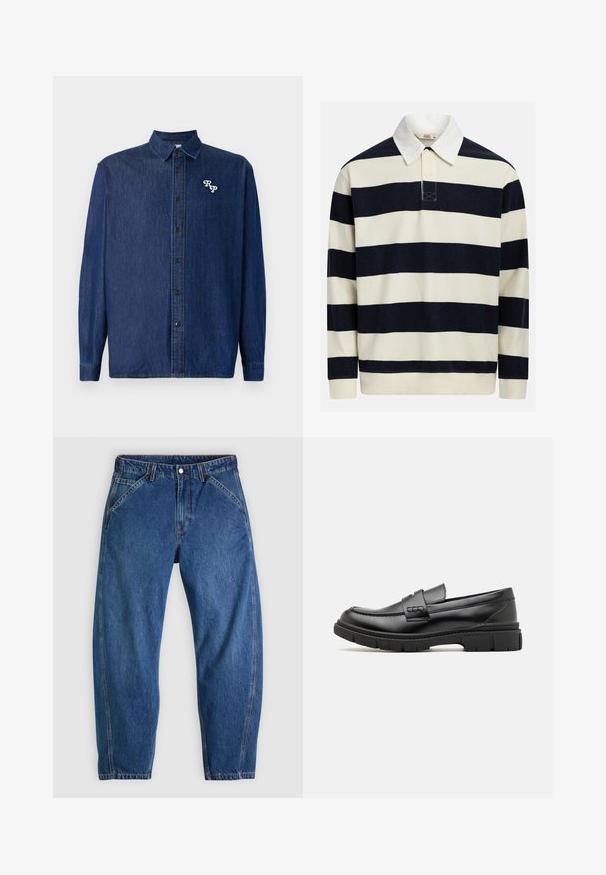 Jersey de rayas en azul marino y crema, con cuello clásico, tapeta de tres botones y tejido acanalado texturizado. Detallado con un logotipo bordado.; Camisa de denim azul oscuro con cierre de botones en la parte delantera, mangas largas y cuello puntiagudo. Presenta un logo "RP" bordado en blanco.; Vaqueros de mezclilla azul con un ajuste holgado, cuentan con cierre de botones, cinco bolsillos y costuras en contraste de color naranja. Textura suave en toda la prenda.; Mocasin de cuero negro con una cinta ancha en el empeine, suela de goma con tacos gruesos y textura suave. Diseño clásico y elegante.