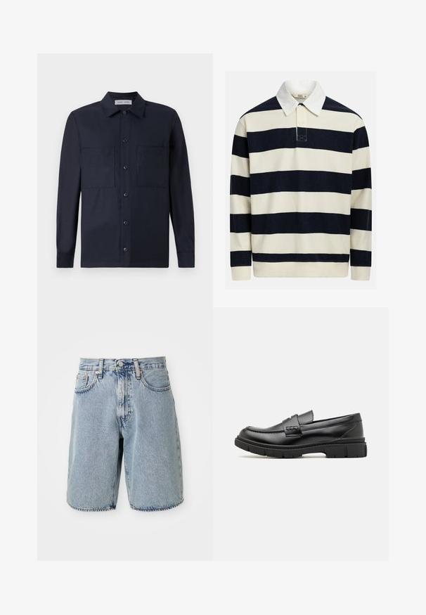 Stribet pullover i marineblå og creme, med klassisk krave, tre-knaps lukning og tekstureret ribstrikket stof. Fremhævet med et applikationslogo.; Samsøe Samsøe TAKA JO OVERSHIRT - Skjorter - dark blue; Lyseblå denimshorts med høj talje, lige snit, frynset kant, fem lommer og knaplukning. Slidt tekstur synlig.; Sort læder loafersko med en bred rem over forfoden, gummisål med tykke mønstre og glat overflade. Klassisk, slankt design.
