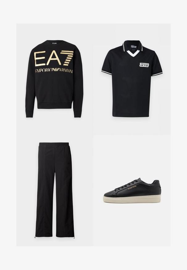 Zwarte sweater met lange mouwen met gouden "EA7" en "Emporio Armani" logo en adelaar-embleem op de borst, met geribbelde manchetten en zoom.; Zwart polo-shirt met korte mouwen en witte rand aan de kraag en mouwen, met een "Versace Jeans Couture" logo-patch op de borst.; Zwarte wijde broek met een soepele textuur, elastische tailleband en koordsluitingen bij de enkels. Heeft contrasterende stiksels.; Zwarte leren sneaker met een gladde afwerking, contrasterende crèmekleurige zool, ronde neus, gouden logo aan de zijkant en zes gaatjes voor veters.