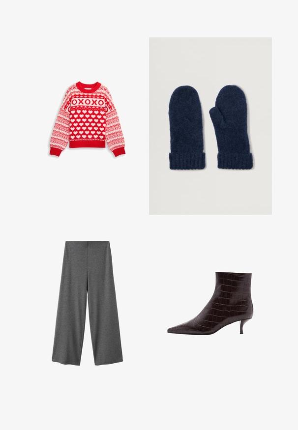 Rød strikket sweater med hvide hjerte mønstre, "XOXO" tekst, rund hals og ribbede manchetter og kant. Blød tekstur og festligt design.; Grå bukser med vide ben lavet af et blødt, tekstureret stof. Har høj talje og afslappet pasform, uden synlige beslag eller mønstre.; Sorte krokodille-embossede læder ankelstøvler med spidse tæer og en kort, tynd hæl. Glat tekstur med et tydeligt mønster og et slankt design.; Mørkeblå strikkede vanter med en blød, fuzzy tekstur og ribbede manchetter, designet til varme og komfort i koldt vejr.