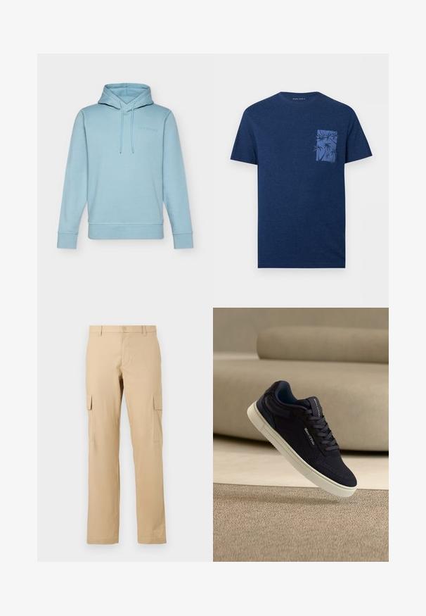 Sudadera color azul claro hecha de una suave mezcla de algodón, con un bolsillo canguro, capucha con cordón y logo bordado en el pecho.; Camiseta de manga corta azul marino con cuello redondo y pequeño bolsillo en el pecho con estampado gráfico de una palmera azul.; Pantalones cargo beige de algodón con corte recto, que presentan bolsillos laterales y un cierre de botón en la cintura. Textura suave, sin patrones.; Zapatilla deportiva negra de punto con suela y cordones blancos, con la marca "Marc O'Polo", colocada en ángulo sobre una alfombra y fondo de sofá beige.